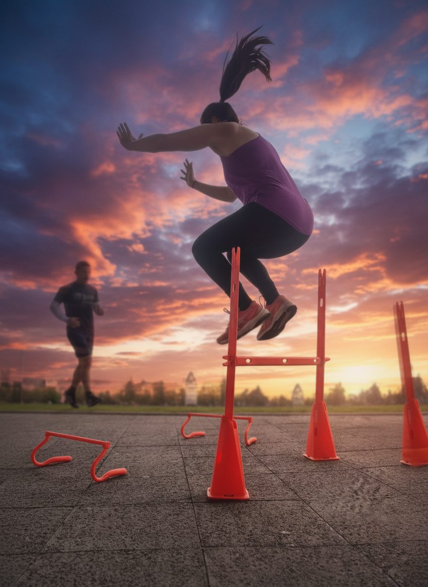 Teilnehmerin springt über Hürden beim Athletiktraining im Sonnenuntergang in Berlin