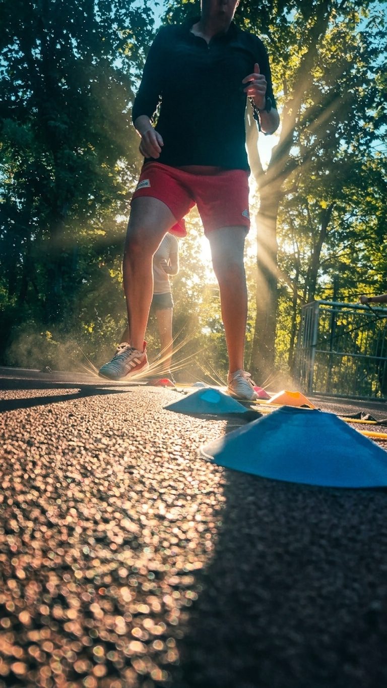 Koordinationstraining mit Hütchen im Gegenlicht – Outdoor-Fitness in Berlin