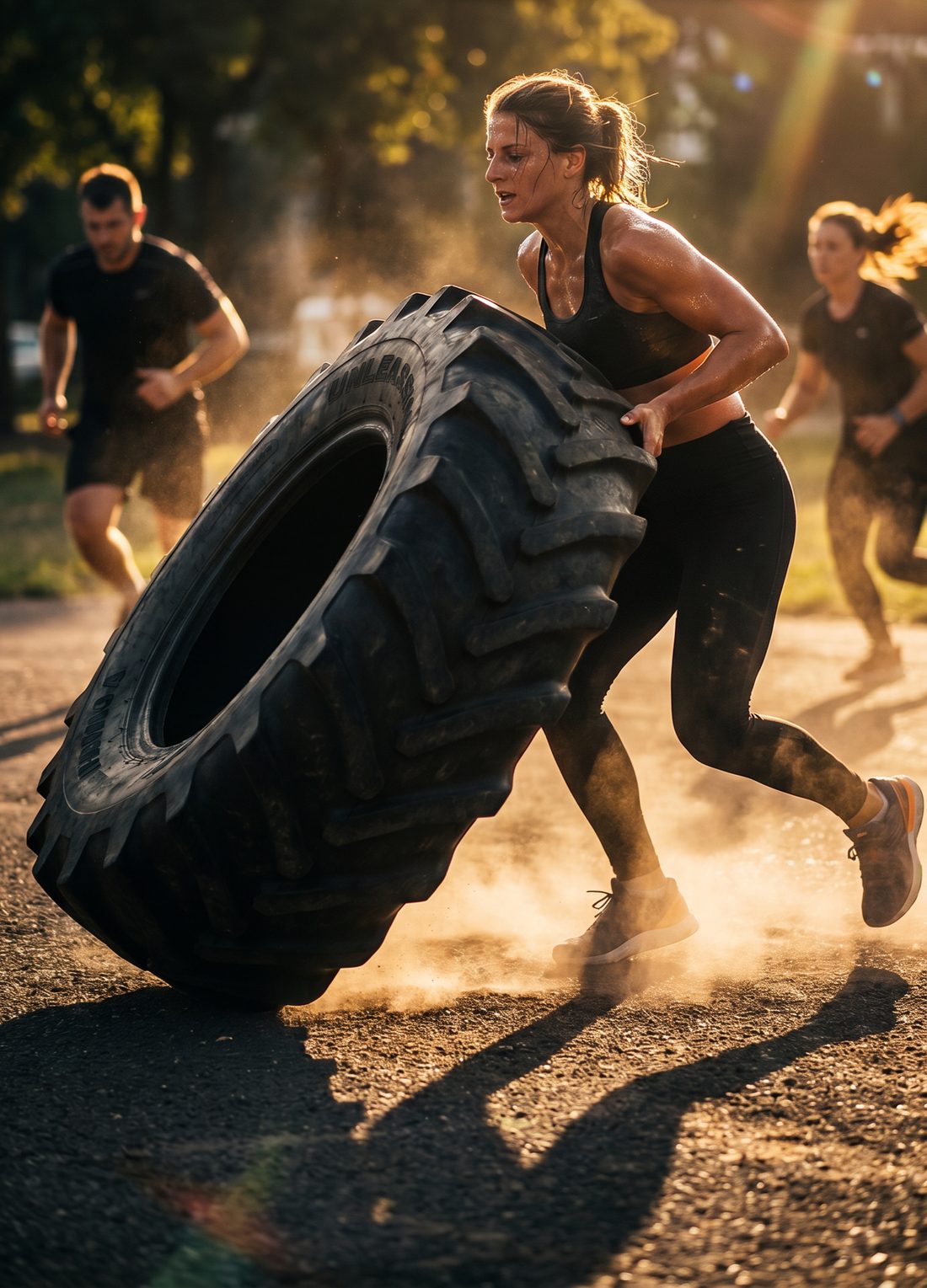 Teilnehmerin kippt einen Traktorreifen beim Bootcamp-Training