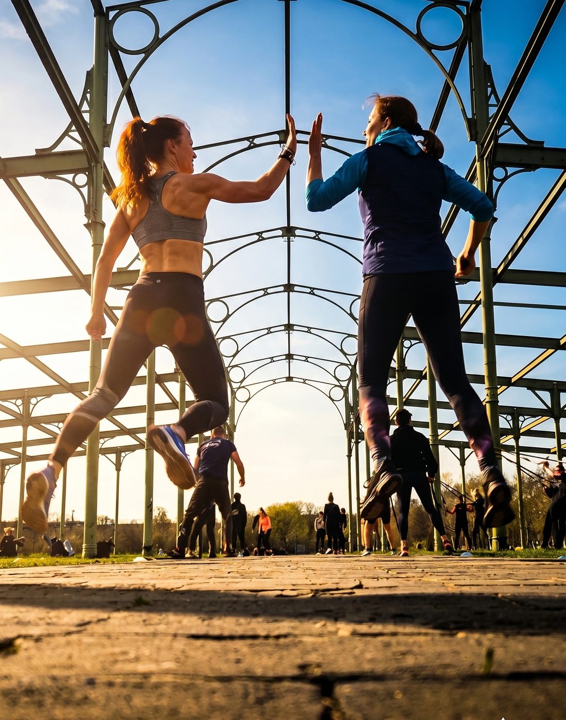 Zwei Teilnehmerinnen geben sich beim Gruppentraining unter einer Pergola ein High Five – Teamtraining draußen in Berlin